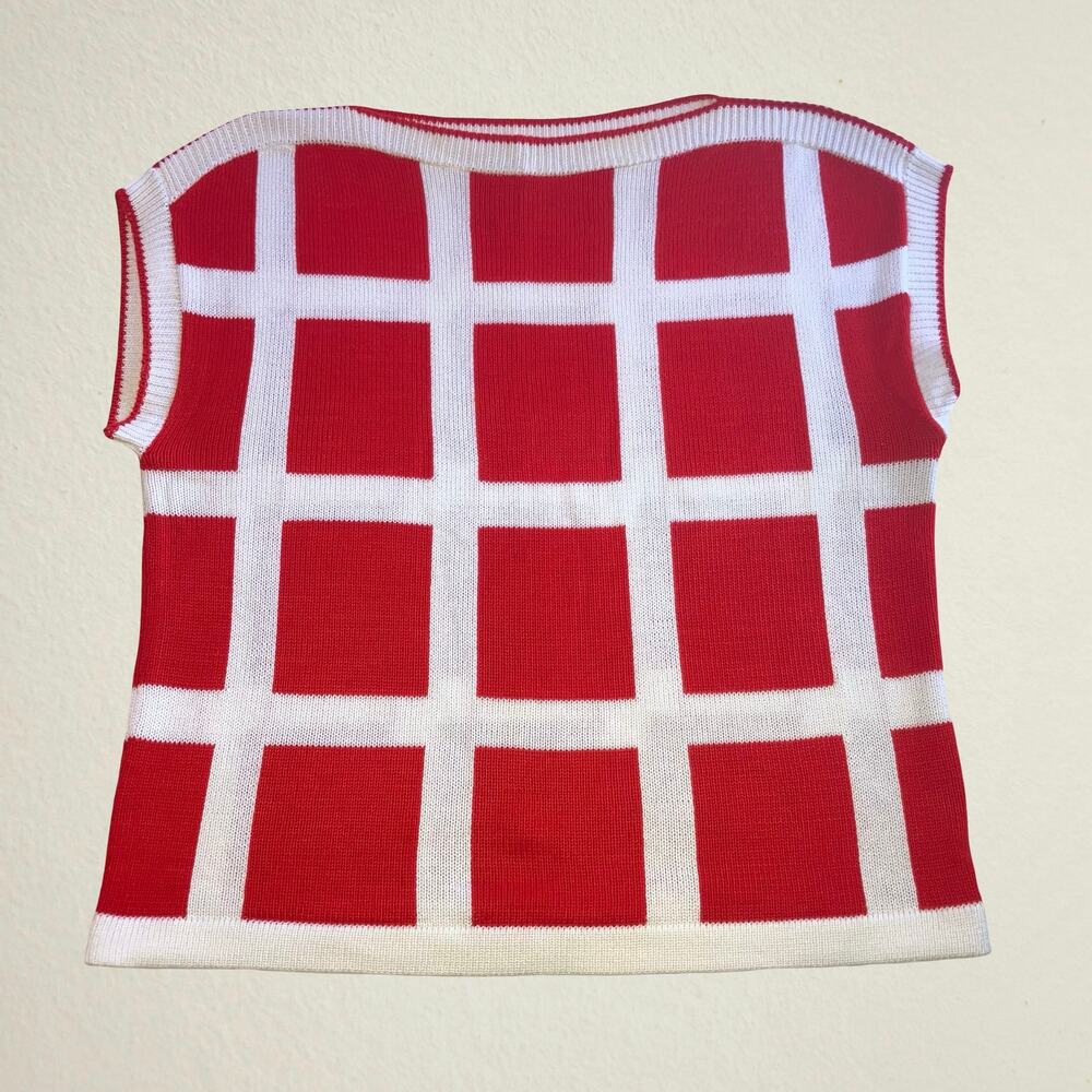 Vintage 1970s red white grid sweater Pronto Moda preppy light academia professor